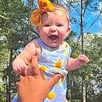 Tree, Sky, Smile, Dress, Happy, Gesture, Yellow, Pink, People In Nature, Baby & Toddler Clothing, Leisure, Fun, Toddler, Summer, Grass, Recreation, Child, Thumb, Event, Baby, Person
