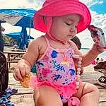 Skin, Cloud, Blue, Leg, Sky, Hat, Pink, Headgear, Happy, Leisure, Cool, Toddler, Thigh, Fun, Sun Hat, Summer, Baby & Toddler Clothing, Child, Swimwear, Beauty, Person, Headwear