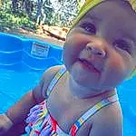 Smile, Skin, Azure, Happy, Leisure, Aqua, Baby & Toddler Clothing, Swimwear, Baby, Toddler, Recreation, Fun, Chest, Electric Blue, Thigh, Swimming Pool, Child, Grass, Play, Nonbuilding Structure, Person