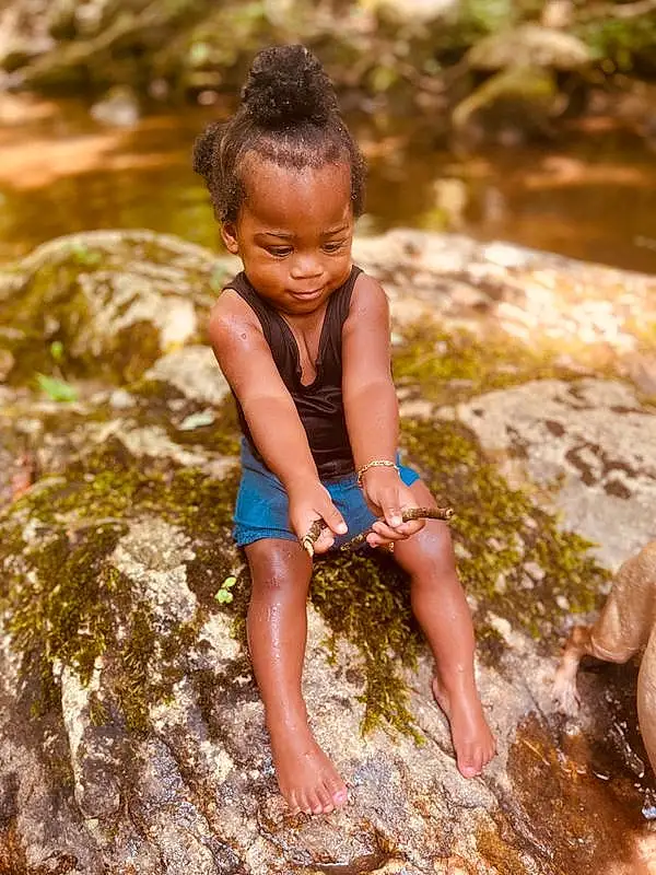 Smile, Water, People In Nature, Happy, Body Of Water, Grass, Flash Photography, Leisure, Adaptation, Thigh, Wood, Fun, Human Leg, Child, Sitting, Spring, Foot, Rock, Landscape, Toddler, Person